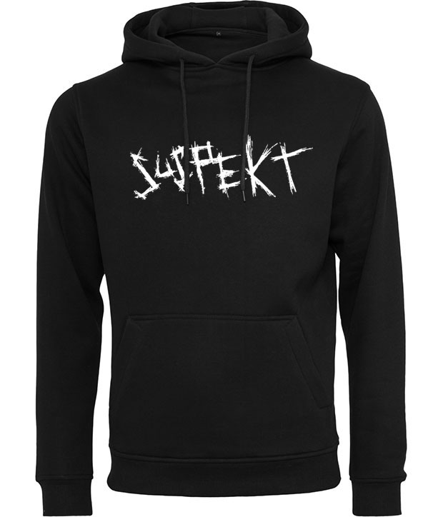 Sort hoodie med hvidt Suspekt logo på brystet