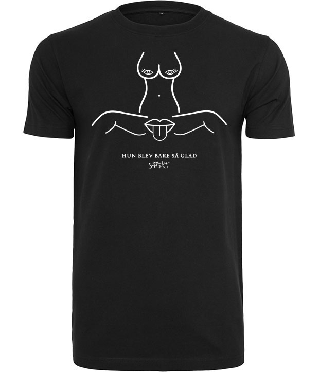 Sort t-shirt med hun blev bare så glad samt en kvinde med spredte ben tryk i hvid
