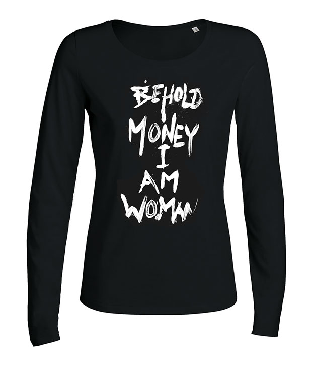 Sort trøje med hvidt tryk Lydmor langærmet trøje til kvinder med hvidt tryk foran med teksten Behold money I am woman